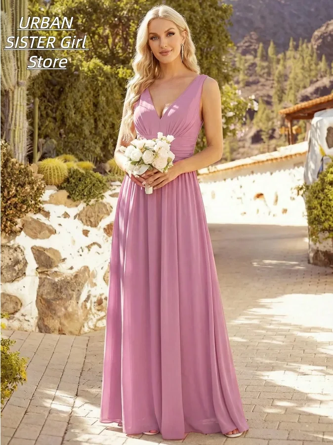 Pink-Purple Deep V-Neck Sleeveless Ruched Waist Chiffon Long Bridesmaid Dress, Floor-Length Elegant Wedding Guest Evening Gown view 6