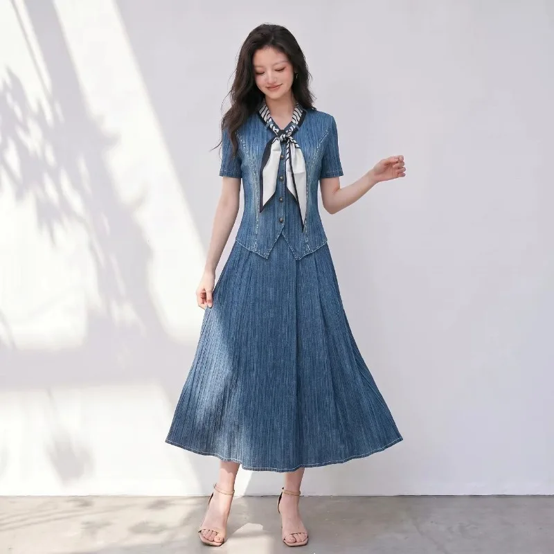 Miyake Pleated Skirt Set Plisse 2026 Summer New Denim Fold Navy Style Casual Elegant V-neck Pleats Top Tie and Skirt Set Women