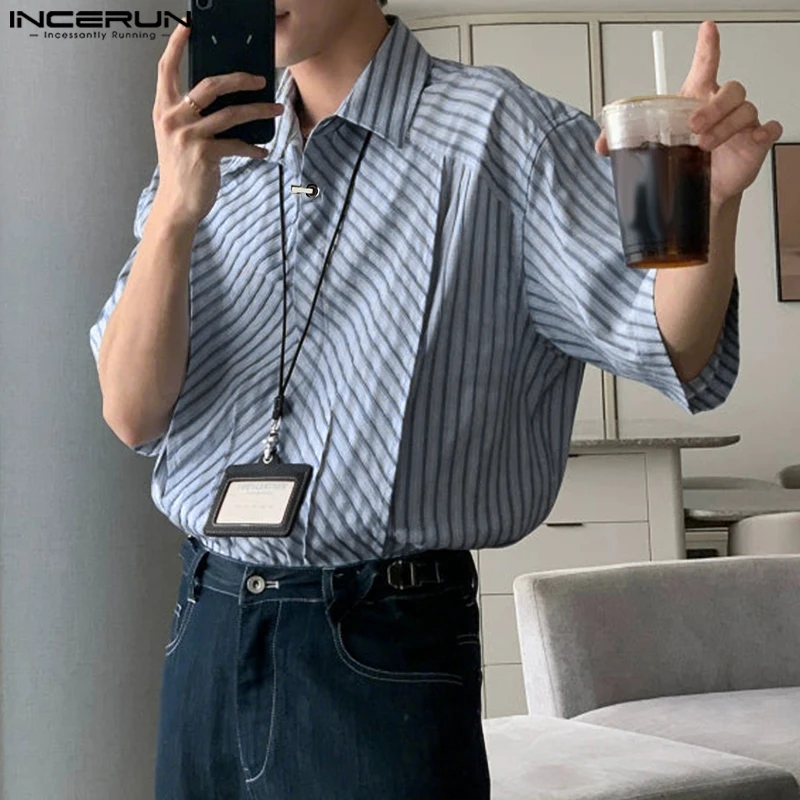 

INCERUN Men Shirt Striped Patchwork Lapel Short Sleeve Button Men Clothing Streetwear Korean Style Loose Fashion Casual Tops Men