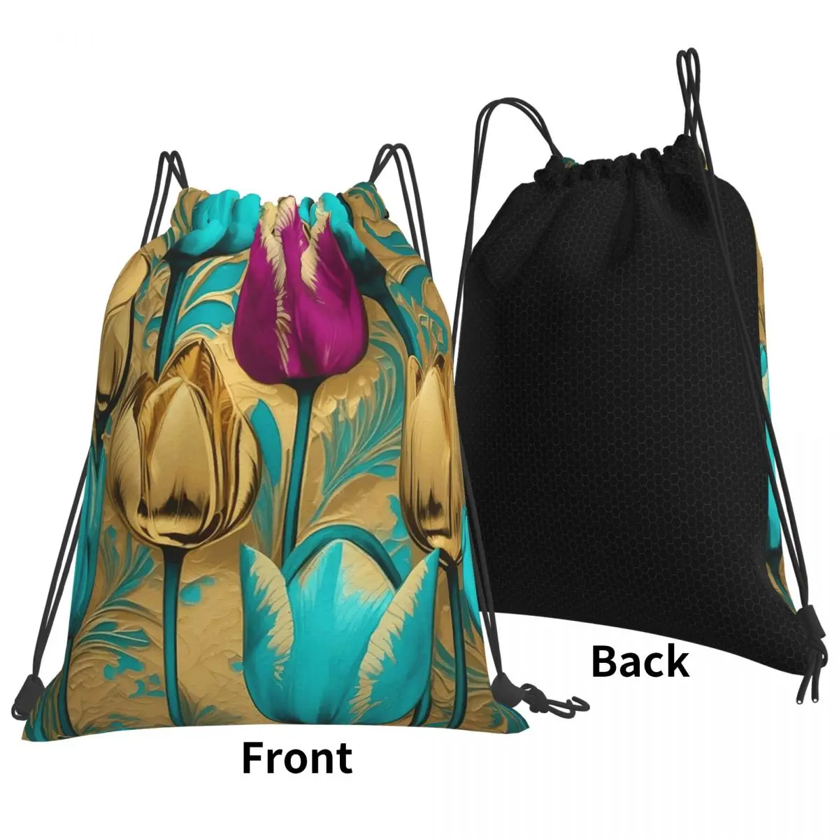 Tulips With Gold Baroque Backpacks Fashion Drawstring Bundle Pocket Sundries Bag Book Bags for Travel School