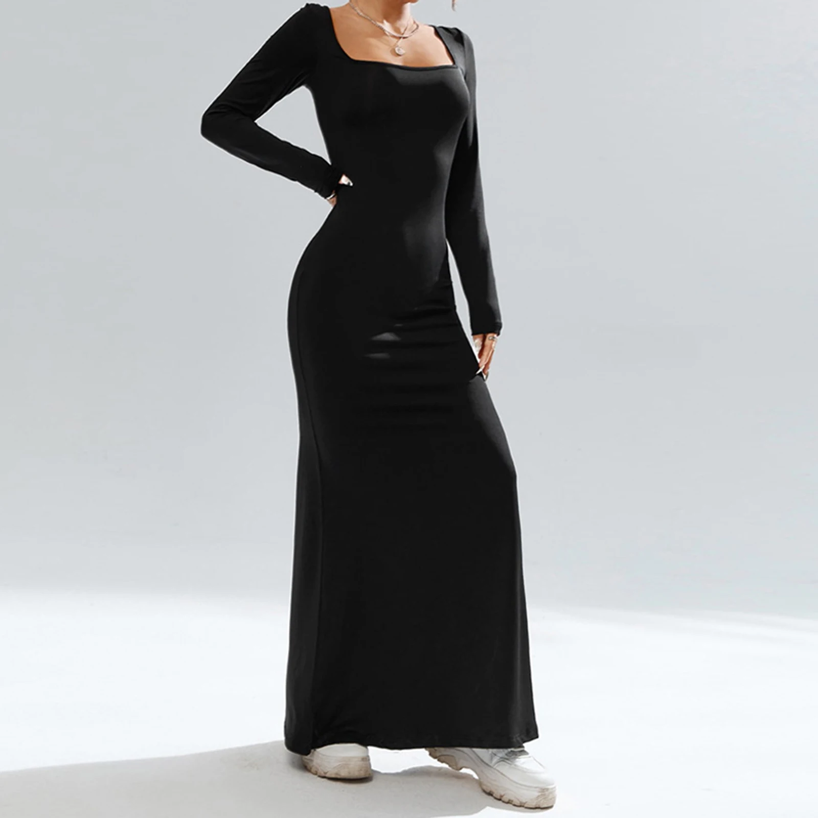 Damska dopasowana sukienka dzianinowa z długim rękawem, kwadratowy dekolt, jednolity kolor, eleganckie sukienki koktajlowe, odzież klubowa