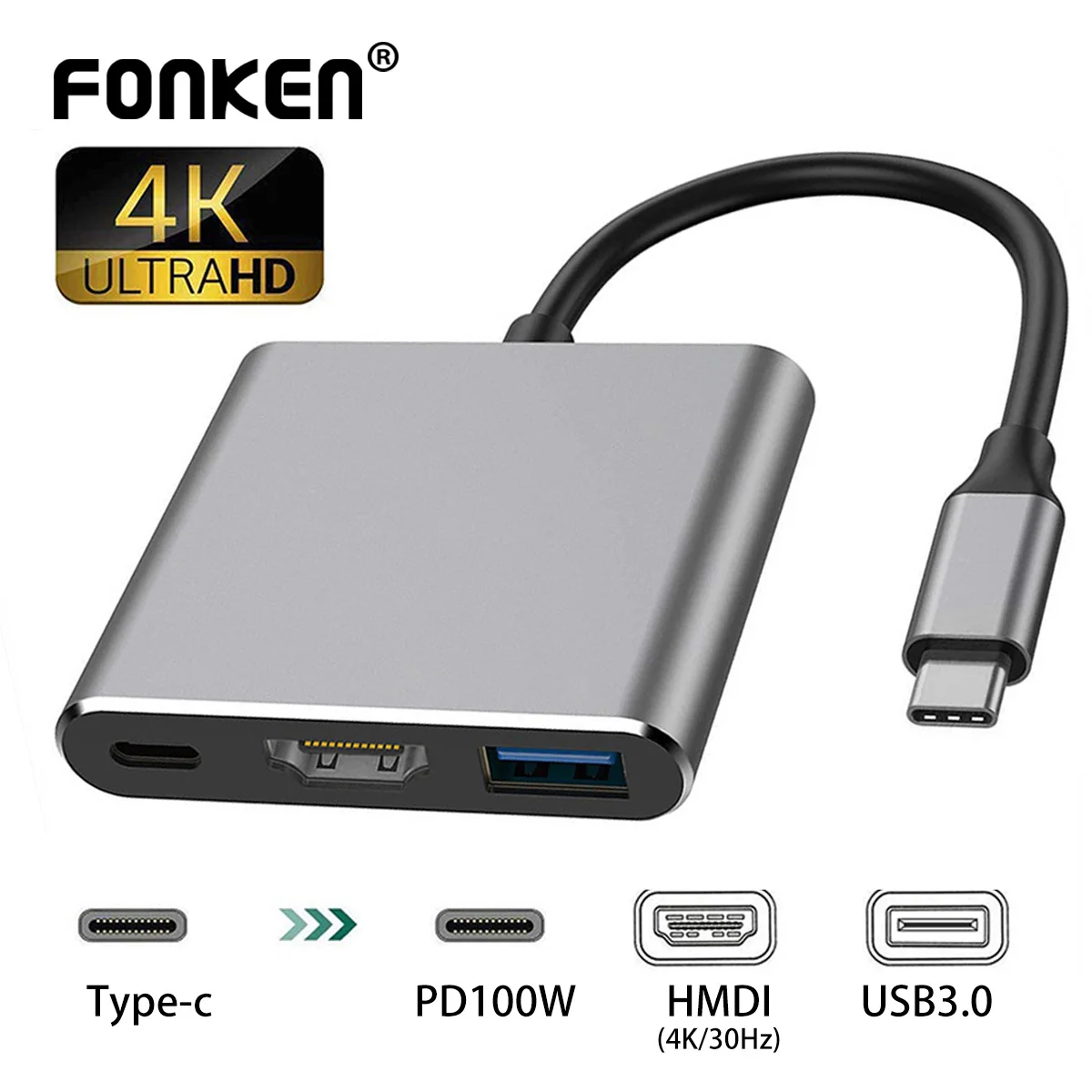 yZ[zUSB-C - HDMIϊP[u 3in1 TX Huawei iPad Mac NS USB 3.0 Type C - HD 4K USB 3.0 A_v^[P[u