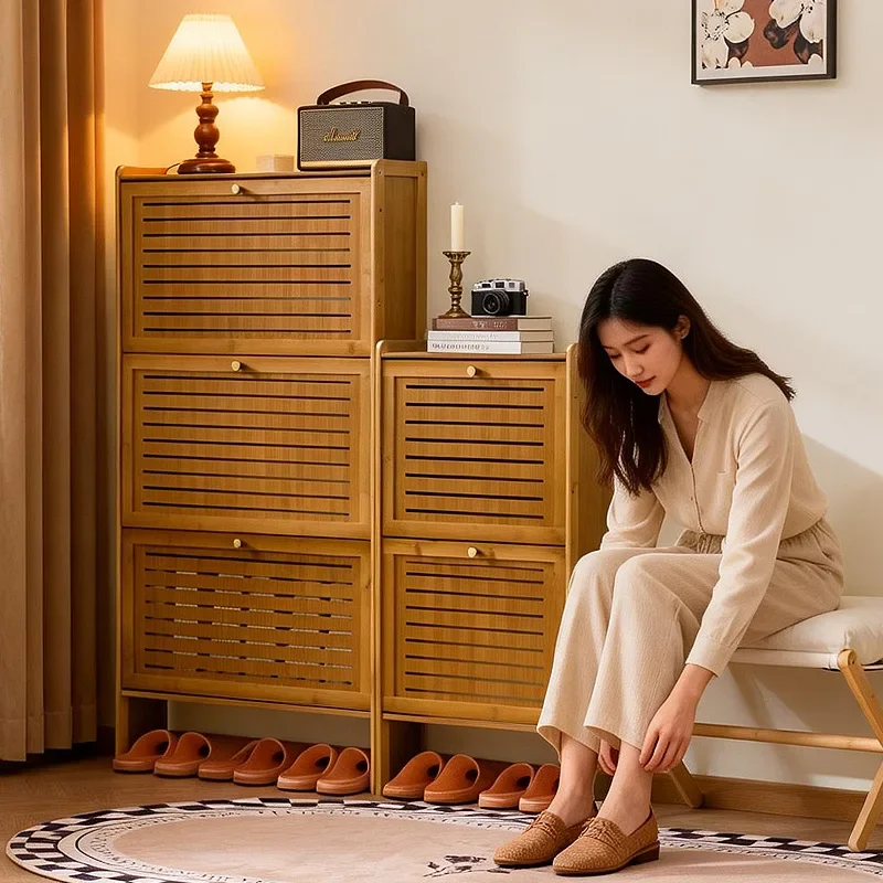 Simple shoe cabinet, ultra-thin tipping bucket, extremely narrow entrance, integrated with stool against the wall, shoe rack