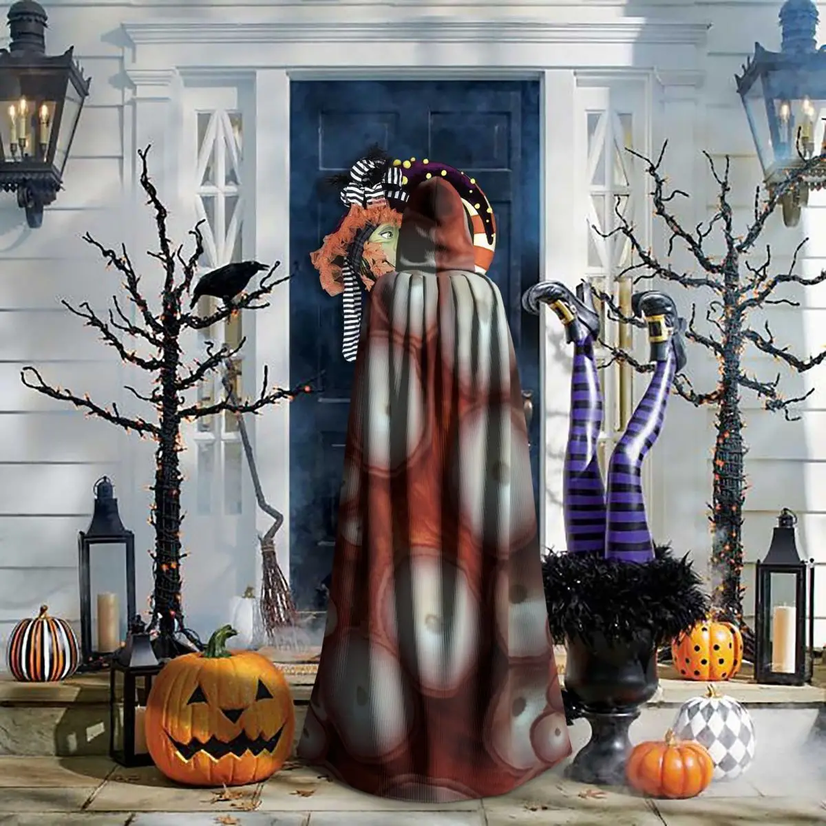 الأزرق والأبيض الأخطبوط مخالب الإطار طويل مقنعين عباءة الساحرة القرون الوسطى زي تأثيري كيب هالوين معطف الكبار للجنسين