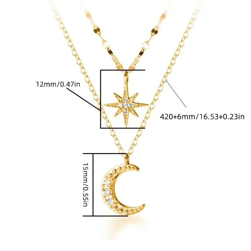 925 Sterling Silver Exquisite Elegant Octet Star Moon Necklace Creative Double Clavicle Chain Valentine\'s Day Gift for eid