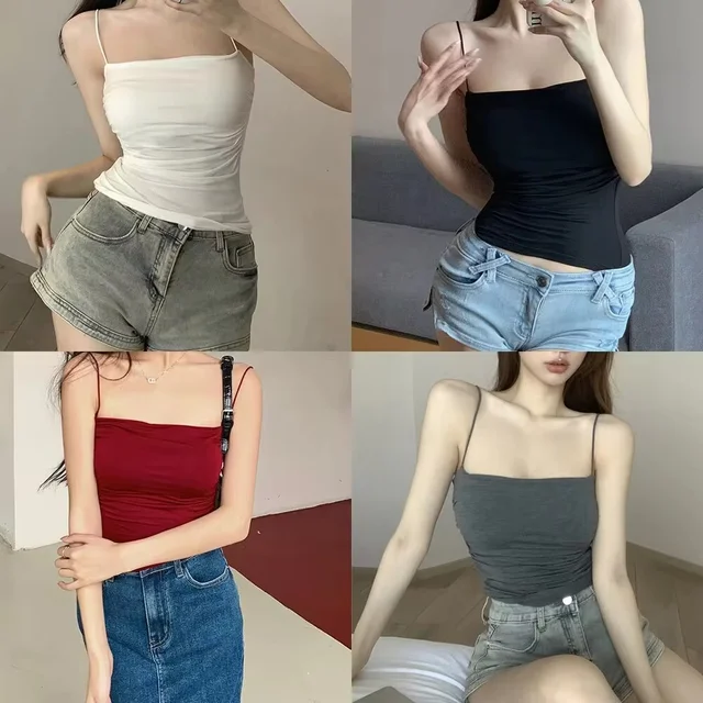 1 PC Stylish Waist Pleated Corset - Soft support fixed chest pad sleeveless vest Sexy short top with thin straps Solid color 5