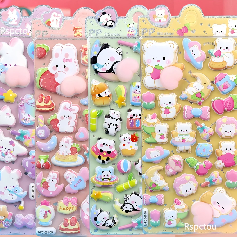 Kawaii Animals Soft Pinched Decompression Stickers Rabbit Bear Panda 3D Puffy Decals Phone Case Decoration Birthday Gifts