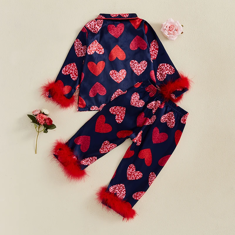 Lioraitiin 2-6Y Little Kids Girls Valentine\'s Day Pajama Clothes Sets Heart Print Fur Patchwork Long Sleeve Lapel Shirt Pant