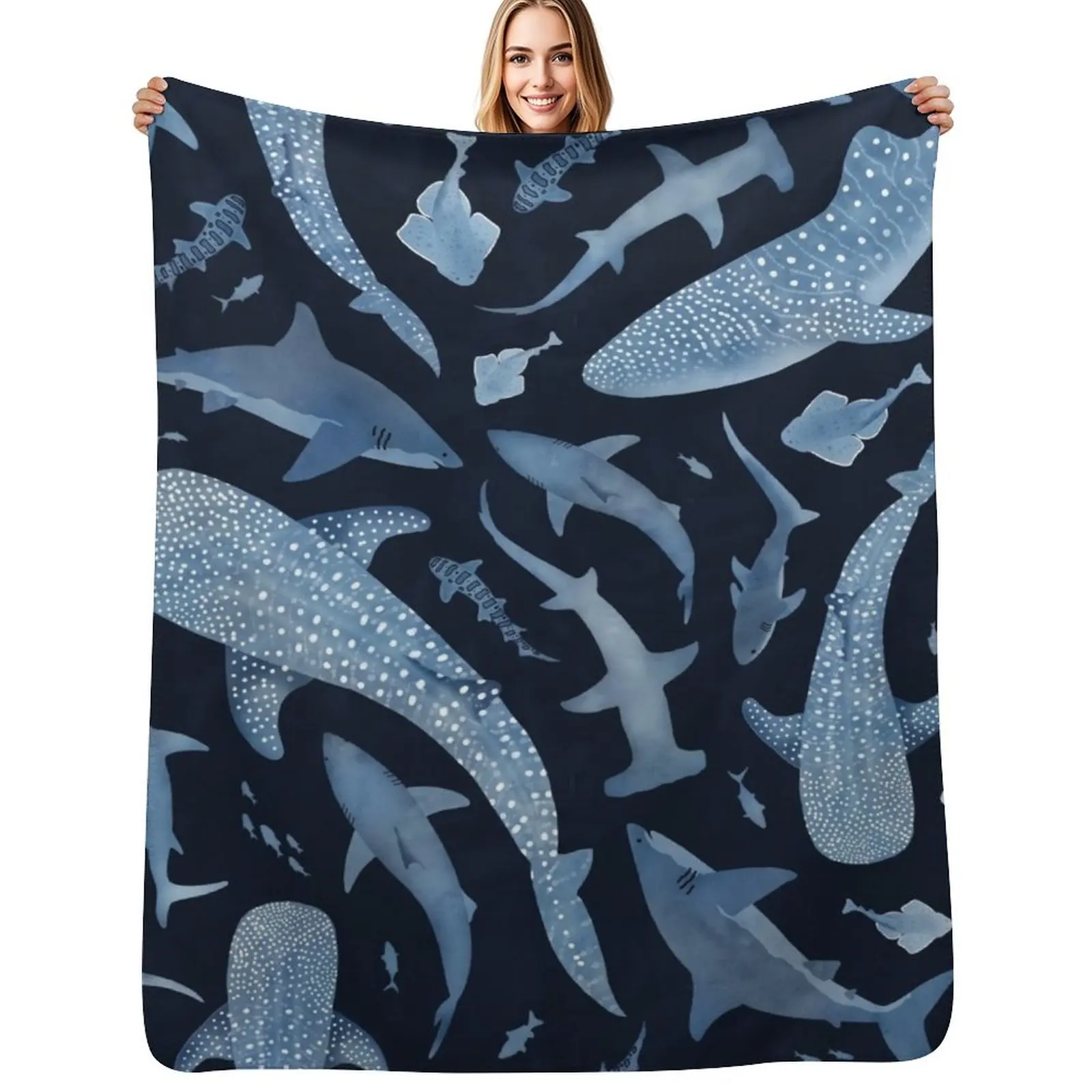 Monochrome blue watercolour shark ocean on black Throw Blanket Decorative Soft Throw Blanket for Couch Sofa
