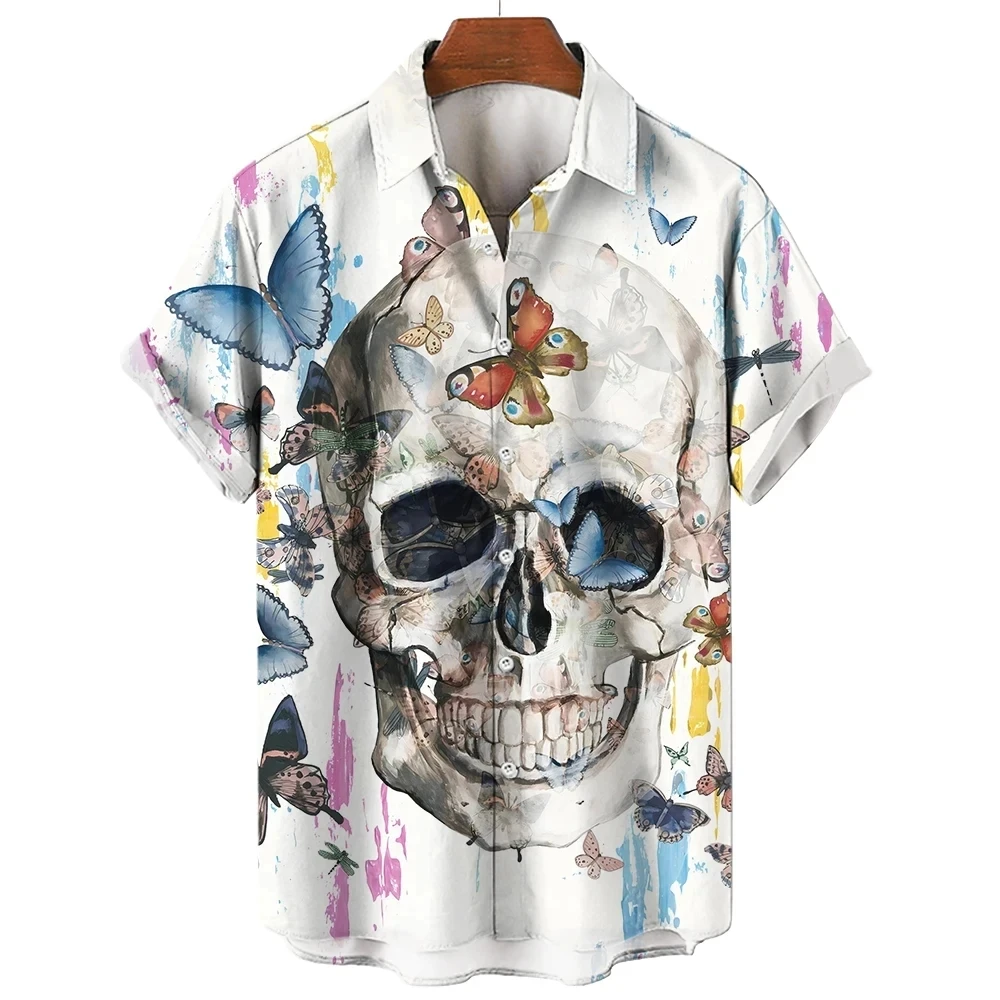 

Trendy Spring and Summer Skull 3D Printed Men's Shirt Men's and Women's Casual Fashion Short sleeved Shirt Button Collar Shirt