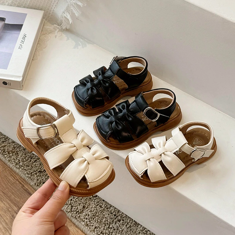 

2024 New Summer Kids Sandals for Girls Leather Bowtie Closed Toe Baby Shoes Soft Sole Fashion Toddler Girls Sandals Size 21-30