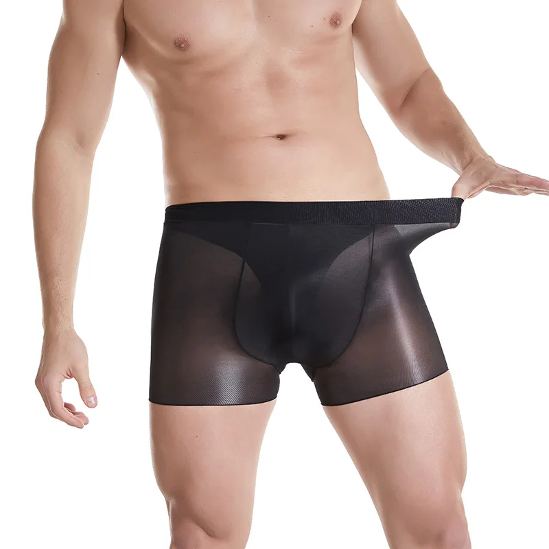 Ultra-Thin Sexy Transparent Boxes Men's Oil Shinny Silky Underwear Sexy Briefs Pouch High-Elastic Shorts Mesh See Through Panty
