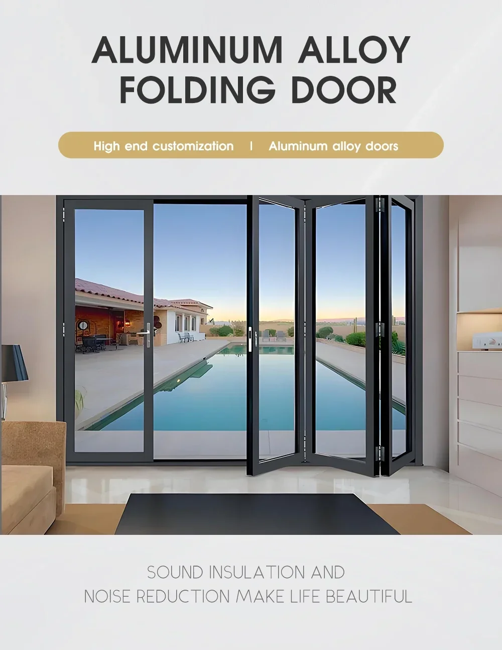 Modern Design Custom Bi-Fold Sliding Glass Door Soundproof Patio Exterior with Foldable Feature for Courtyard