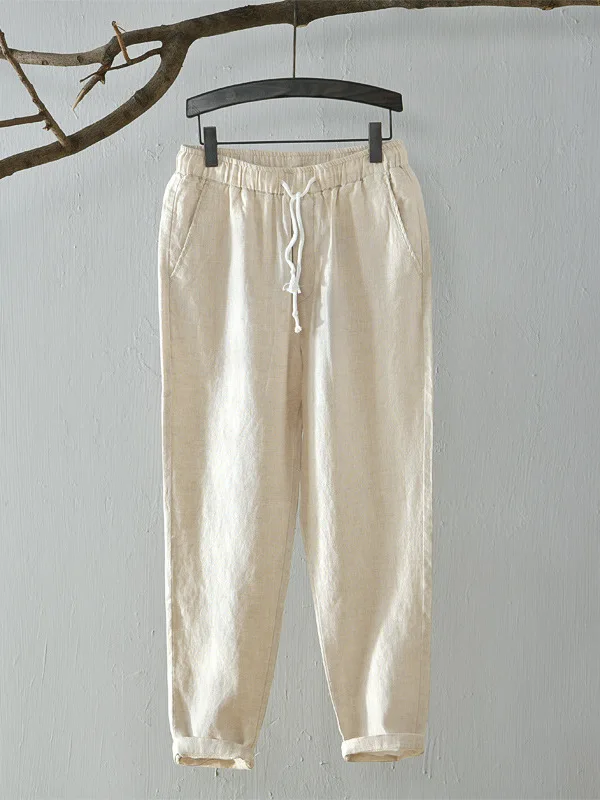 

Summer Loose Large Size Casual Pants Linen Nine Points Beach orts Thin Faionable Men's Straight Leg Trousers Khaki Color