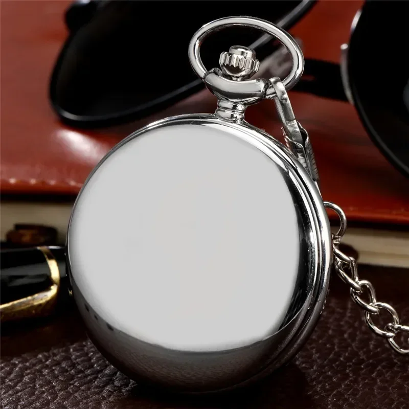 Antique Roman Numeral Pocket Watch Silver Full Hunter Smooth Case Quartz Movement Necklace Pendant Chain Timepiece