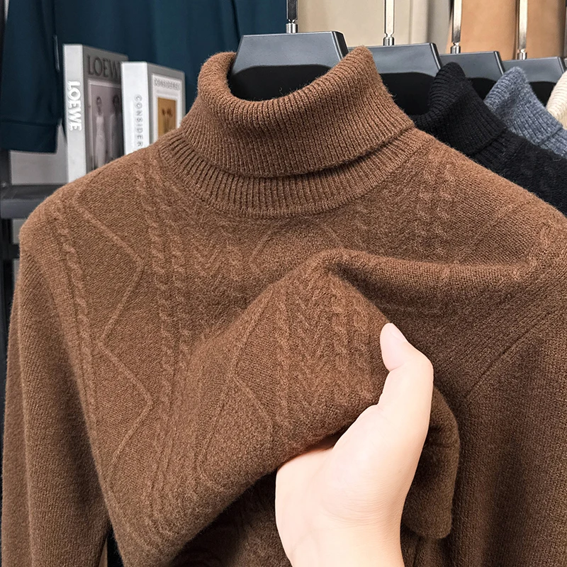 

100% Sheep Wool Plaid Clothes Men 2025 Winter Turtleneck Thick Sweater Cashmere Wool High Collar Warm Knitwear Long Sleeved