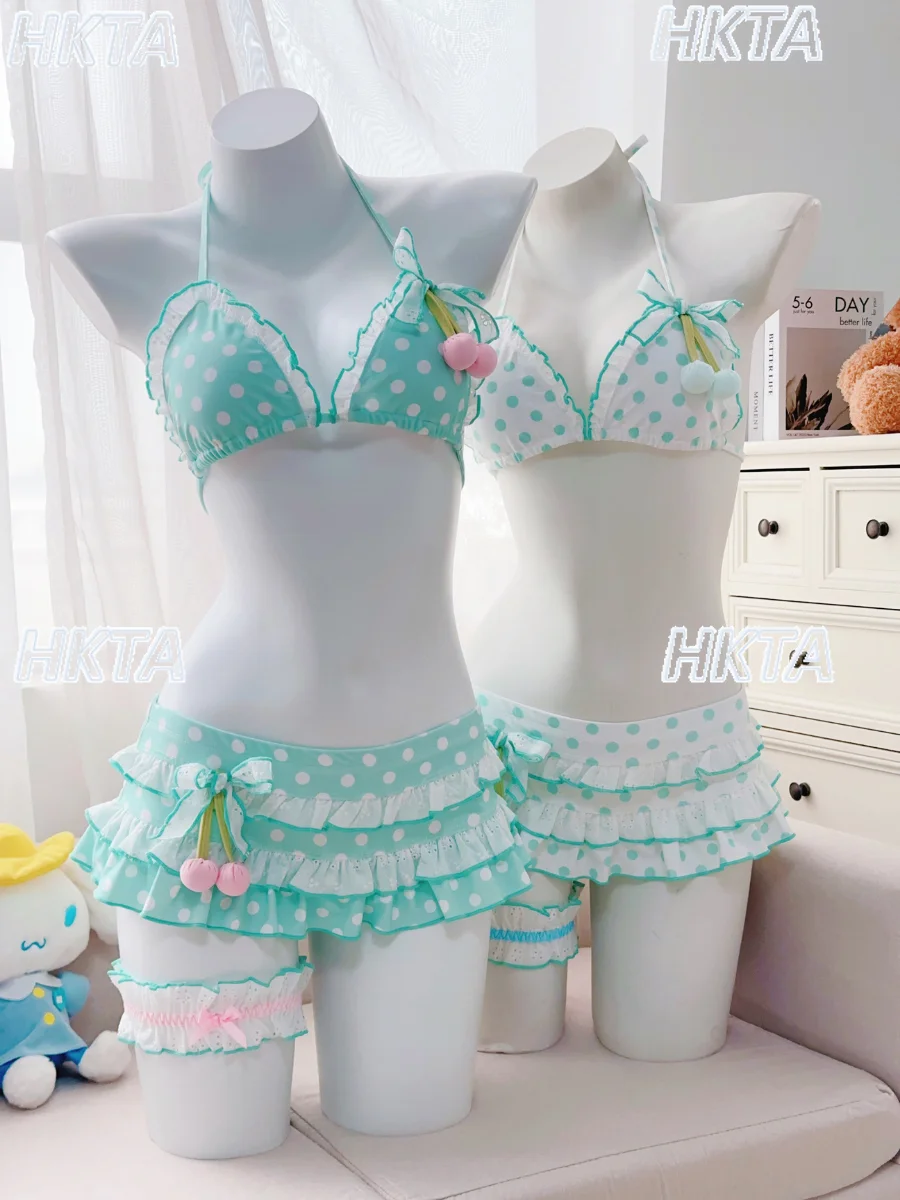 Japanese Sweet Cute Polka Dot Sexy Bikini Swimsuit 2026 Summer New Beach Vacation Neck Pleated Bow V Neck Lolita Swimwears Women