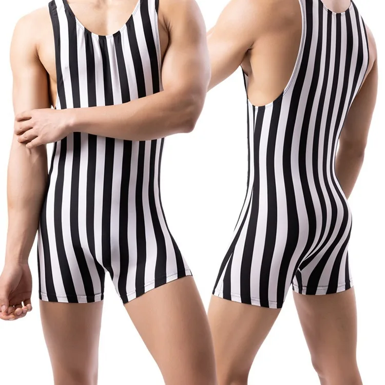 Men's new style one-piece vertical stripes pajamas, sports one-piece  traceless men's underwear sexy Bott lingerie