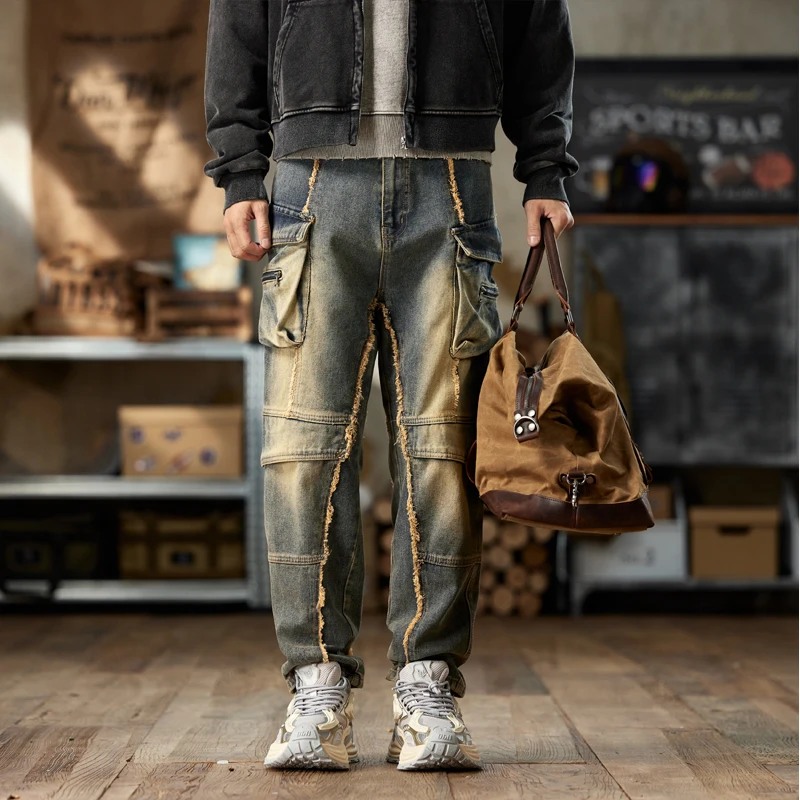 

American retro autumn and winter washed new loose and personalized workwear with multiple pockets men's pants jeans men