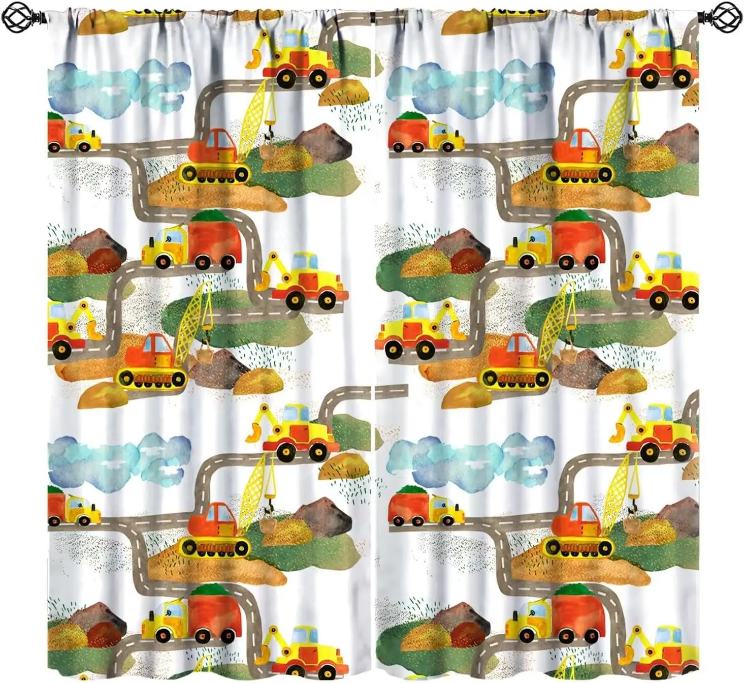 Cartoon Cars Curtains，Cartoon Shovel and Trucks Pattern 2 Panel Rod Pocket Window Drapes for Nursery Bedroom Boys Room Decor
