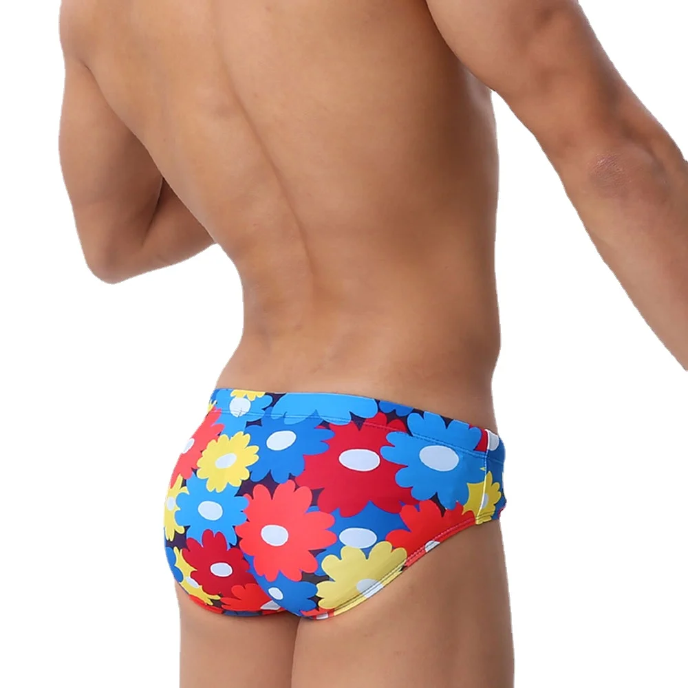 UXH New Arrival Men\'s Low-waist Drawstring Swimming Briefs Flower Printing Sexy U-convex Add Pad Tight Young Man Swimmisute