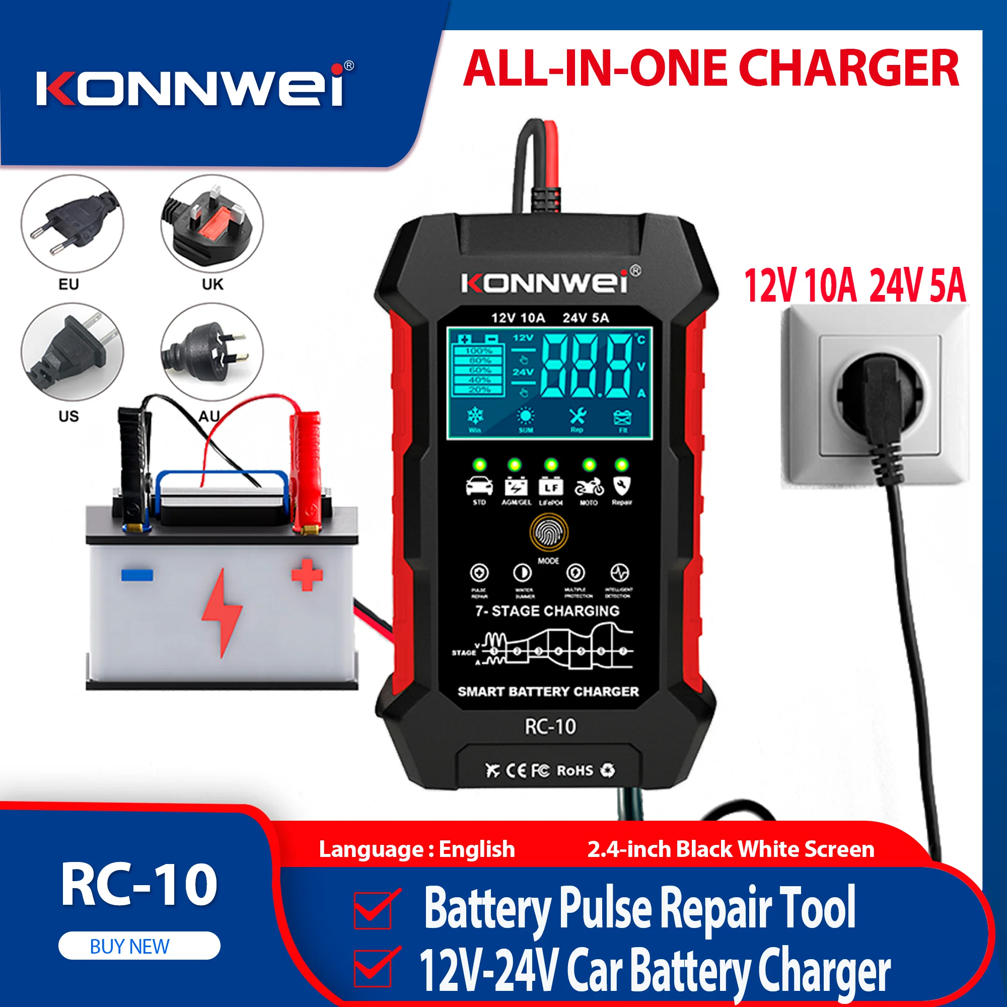 

2025New KONNWEI RC-10 Car Truck Battery Charge Bank Automotive Repair Tool 12V 24V 10A 5A Pulse Auto Charger Power Lead Acid AGM