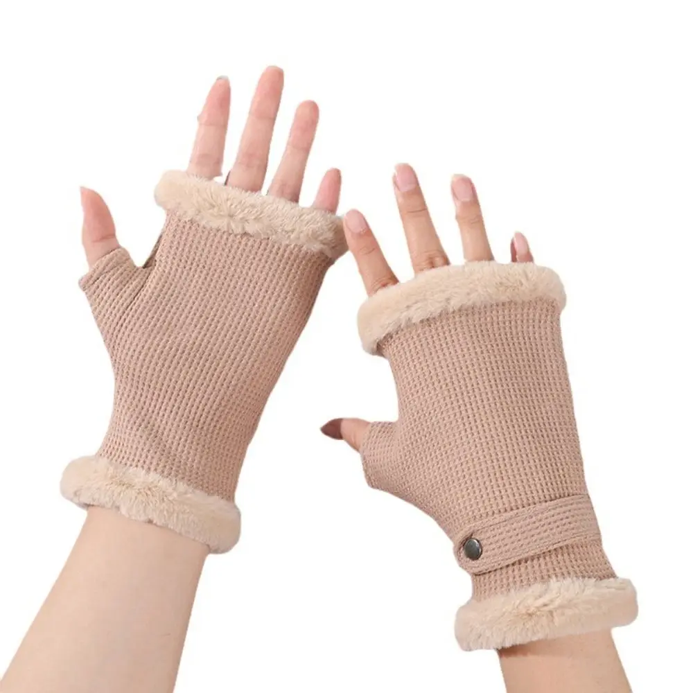 

Soft Solid Color Half Finger Gloves Fingerless Keep Warm Wool Mittens Grid Touchscreen Winter Plush Gloves Autumn