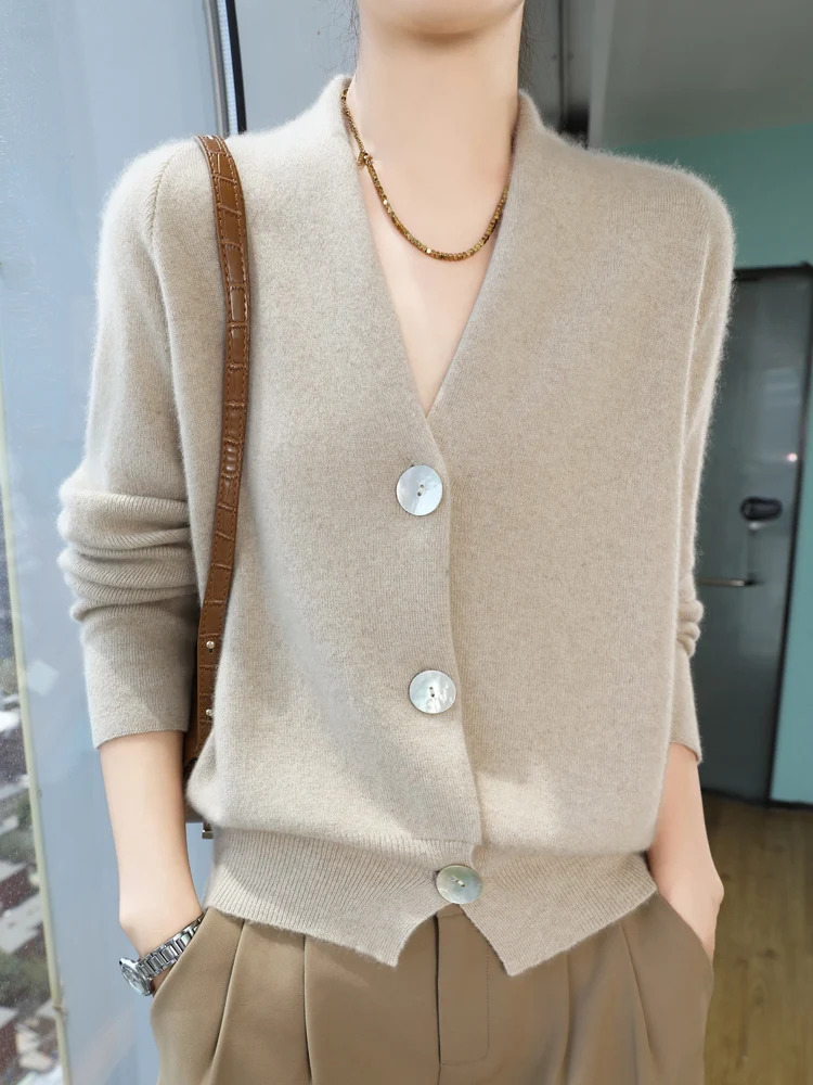 

Women Cashmere Sweater V-neck Cardigan Autumn Winter 30% Cashmere And 70% Merino Wool Knitwear Long Sleeve Soft Solid Grace Tops