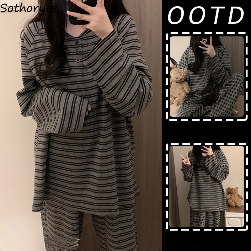 Striped Pajama Sets Women Spring Autumn Sleepwear Lazy Baggy Sweet Casual Ulzzang Home Students V-neck All-match Dormitory Daily