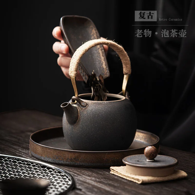 Japanese-style household retro ceramic beam pot teapot large-capacity tea brewing tea set Kung Fu tea set accessories