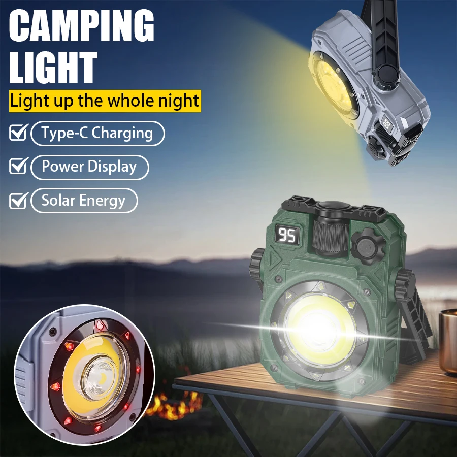 Powerful LED Flashlight USB Rechargeable COB Floodlight Infinite Dimming Torch Outdoor Magnetic Work Light Solar Flashlight