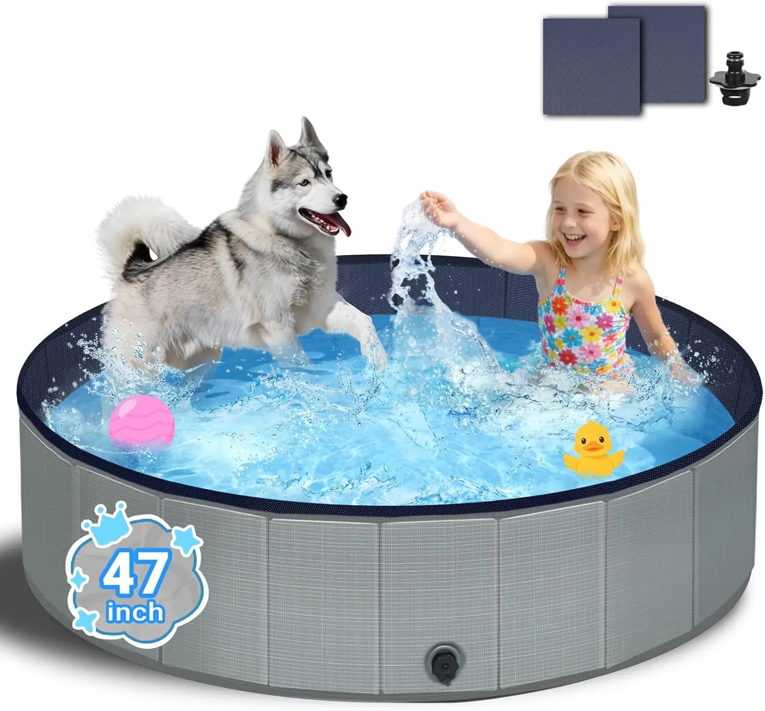 

Foldable dog pool 47 inch hard plastic non-slip thickened bottom portable for small medium large dogs puppies kids gray