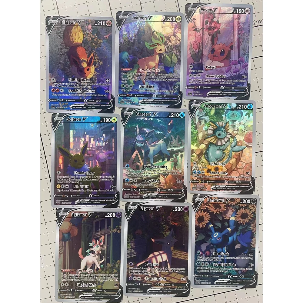

9 шт./компл., коллекционная карта аниме PTCG Eevee Leafeon Flareon Espeon Umbreon, преломляющая цветная флэш-карта, английские подарки для детей, игрушка