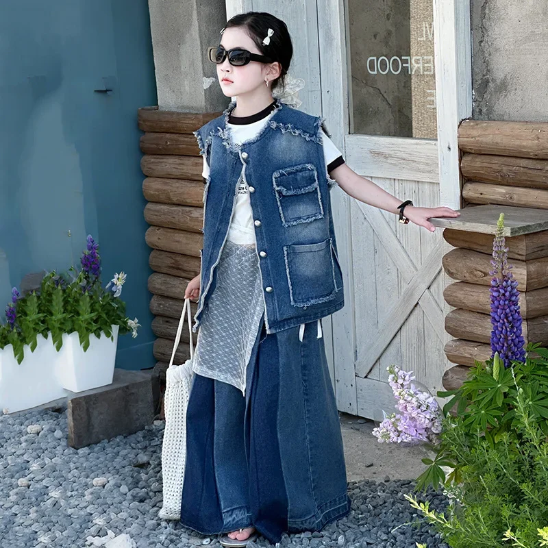 

4-14teen Girl clothes set 2025 sleeveless distressed retro vest+wide leg pants 2pcs junior kids child outfits fringed denim suit