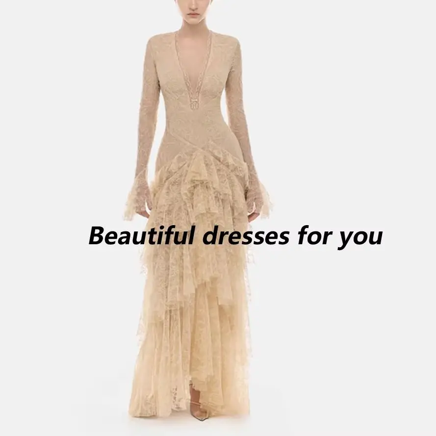 Elegant Champagne Lace Tulle Evening Dress Customized V-Neck Long Sleeves Mermaid Floor Length Prom Gown Formal Party Dresses