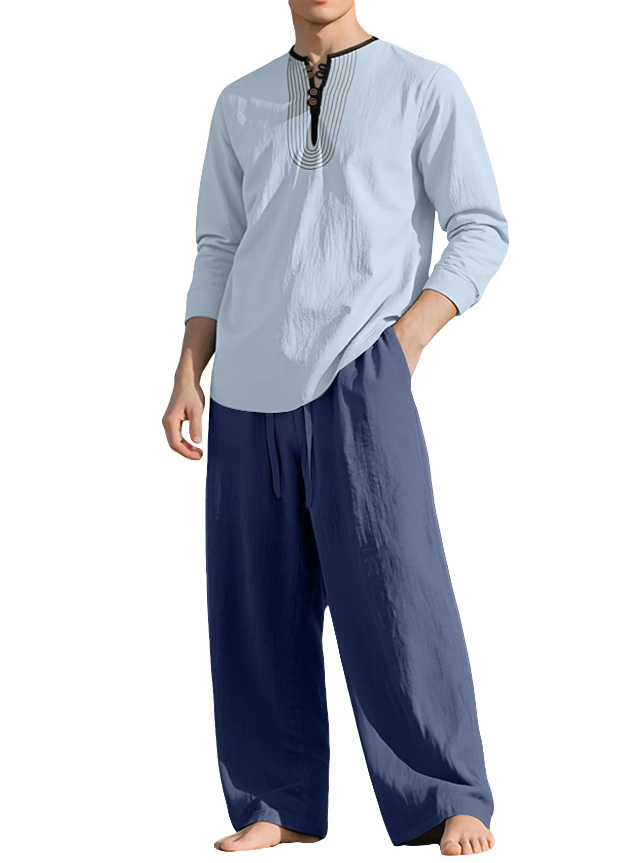 

Мужской 4-сезонный льняной курортный комплект, дышащая рубашка на пуговицах и свободные брюки, богемный пляжный наряд с этническим принтом для отпуска