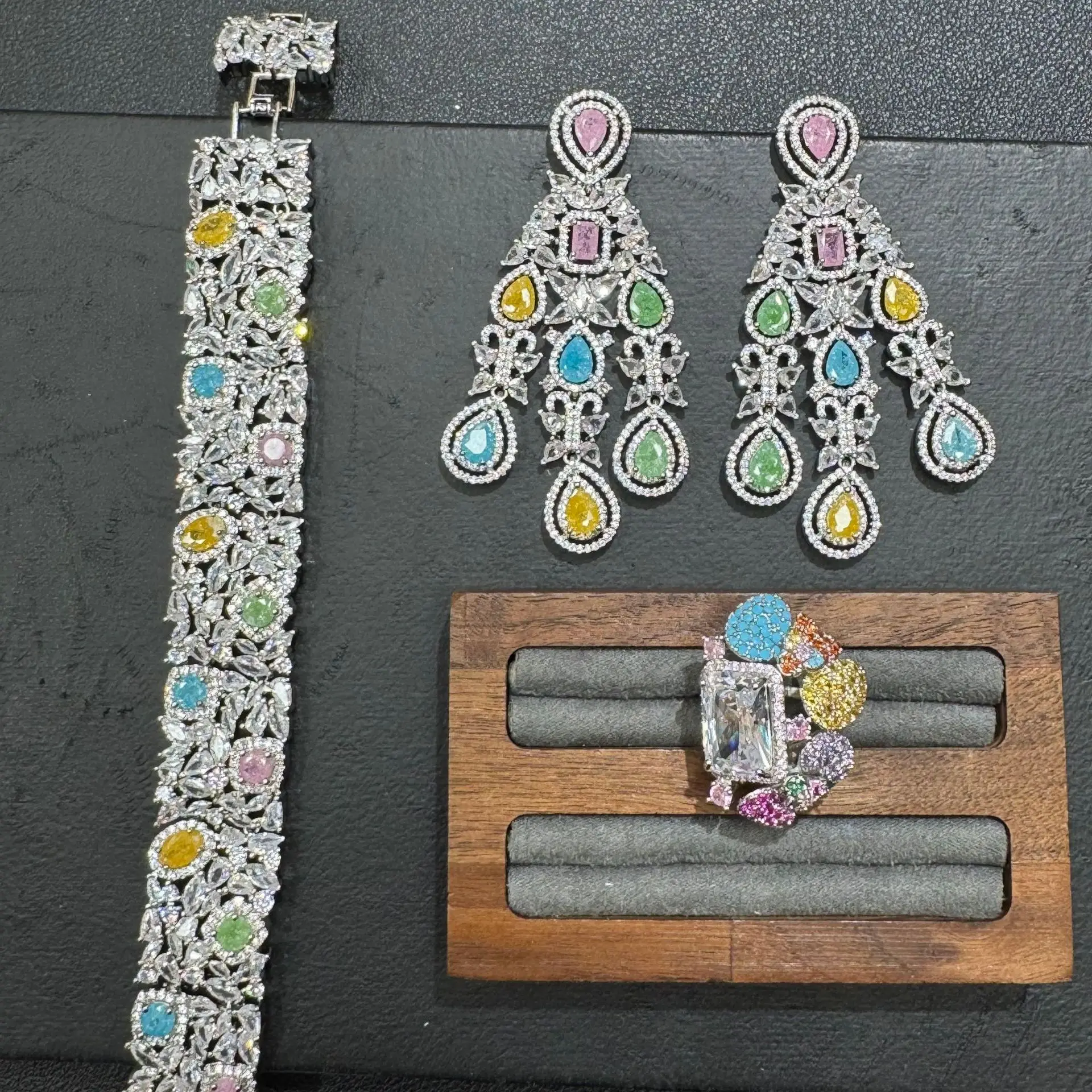 

Women's Fashion Colored Zircon Jewelry Set Earrings Bracelet And Ring