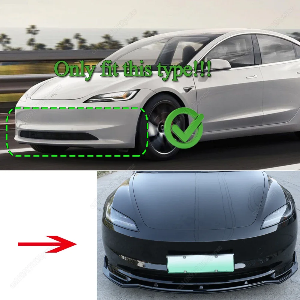 For Tesla Model 3 Highland 2024 Car Front Bumper Lip Chin Spoiler Splitter Diffuser Bodykits Tuning ABS Plastics Gloss Black New