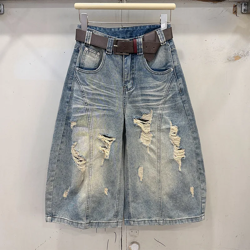 Jeans Dina de Cintura Alta, Corte Holgado y Pierna Ancha para Mujer, Verano 2026, Casuales, con Roturas de Siete Pulgadas, Versátiles