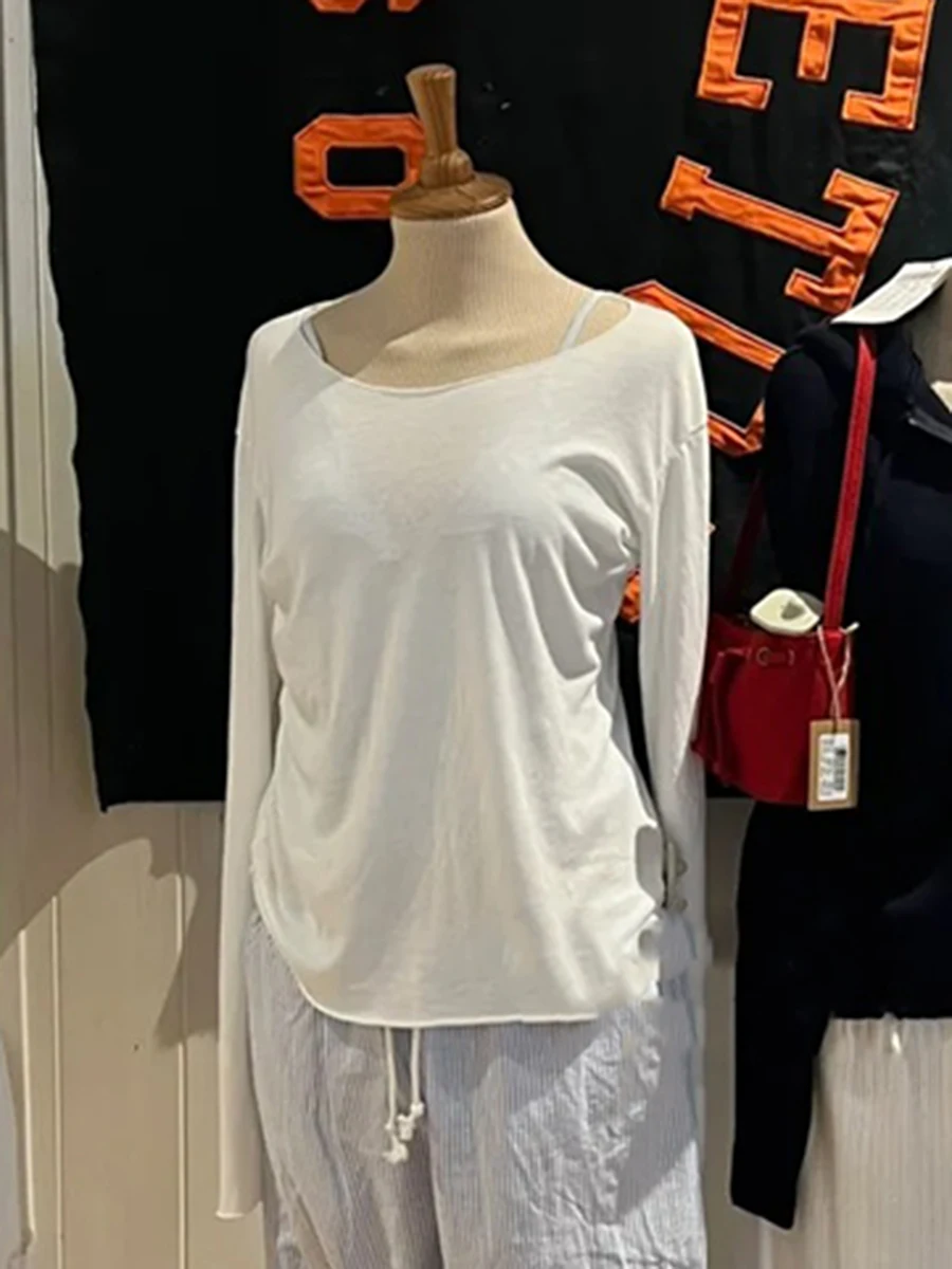 

Solid Thin Cotton Long Sleeve T-shirts Women Autumn Preppy Style Scoop Neck Raw Trim Slim T Shirt Simple Basic Sexy Tees Y2k New