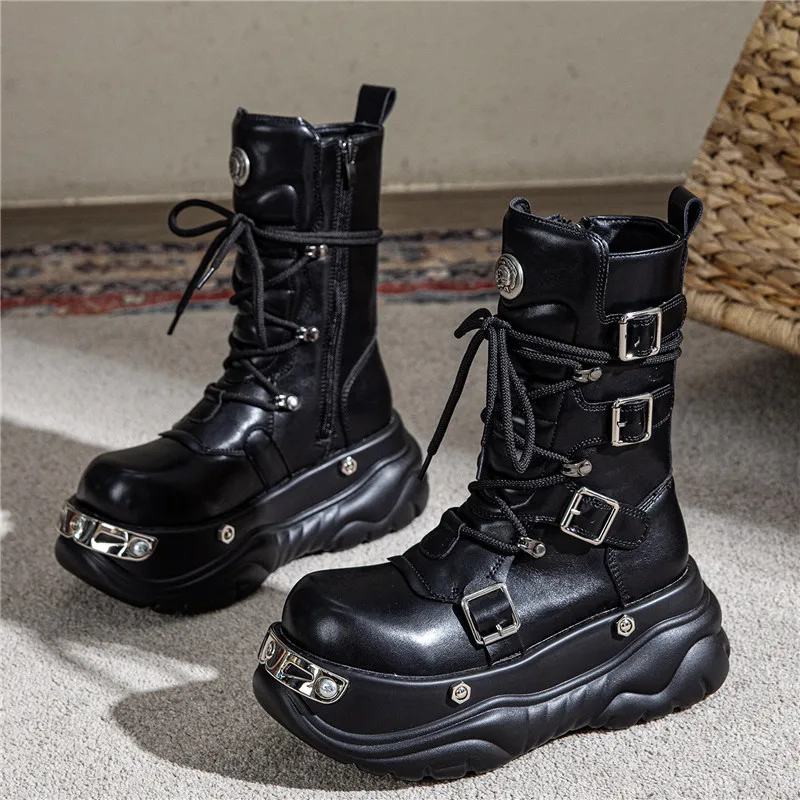 

Punk Style Women Shoes Luxury Metal Decoration Motorcycle Boots for Woman Fashion Platform Ankle Boot Designer Shoes Botas Mujer