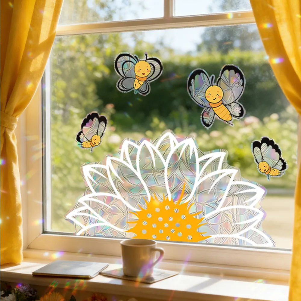Colorful Sun Catcher Window Stickers Rainbow Prisms Sunlight Cloud Floral Decals PVC Flower Butterfly Bee Glass Static Sticker