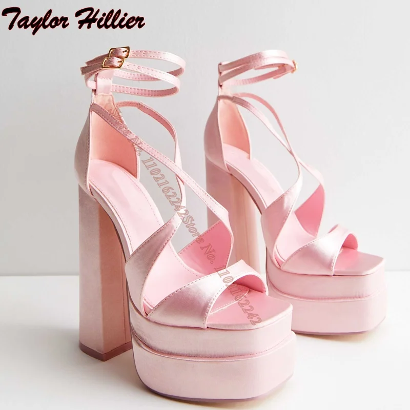 Summer Pink Double-Layer Platform High Heels Square Toe Buckle Strap Thick Heel Wedding Shoes Fashion Dress Elegant Women'S Shoe