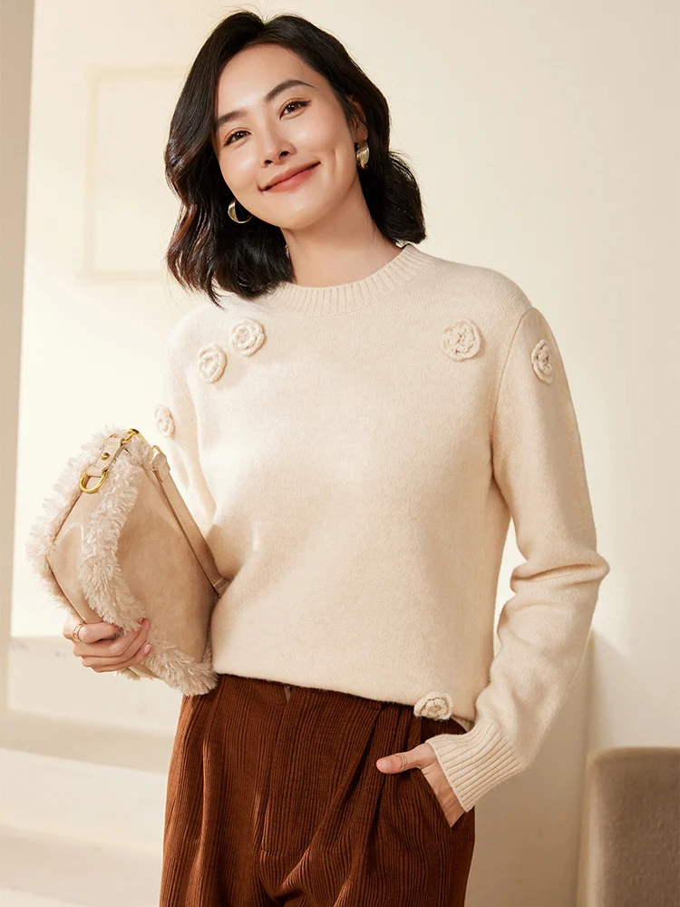 شيك المرأة 100% ميرينو رداء علوي من الصوف س الرقبة اليدوية هوك زهرة البلوز مكتب سيدة لينة الكشمير تريكو الخريف الشتاء القمم