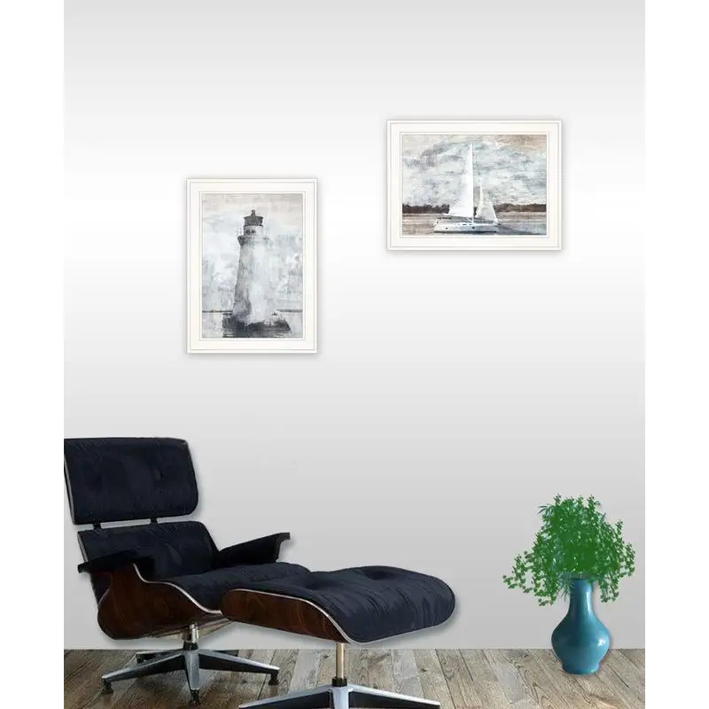 طقم مكون من قطعتين بطباعة مؤطرة على شكل قارب شراعي منارة جاهز لتعليق ديكور الإطار الأبيض #2