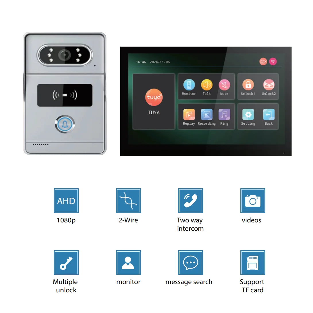Tuya1080P WiFi Video Intercom System 7 Inch IPS Screen 2-Wire Waterproof Doorbell Camera Two-Way Audio With Motion Detection