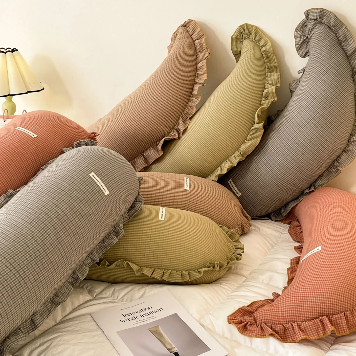 U‑Shaped Long Body Pillow Ruffle Fringe Edge Crescent Reading Sleeping Cushion Soft Cotton Waist Support Throw Pillows