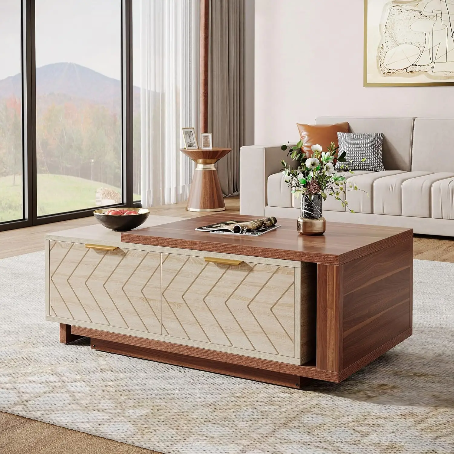 Extendable Coffee Table with 2 Storage Drawers, Dual-Tone Center Table with Sliding Tabletop, Multi-Functional Hidden Storage