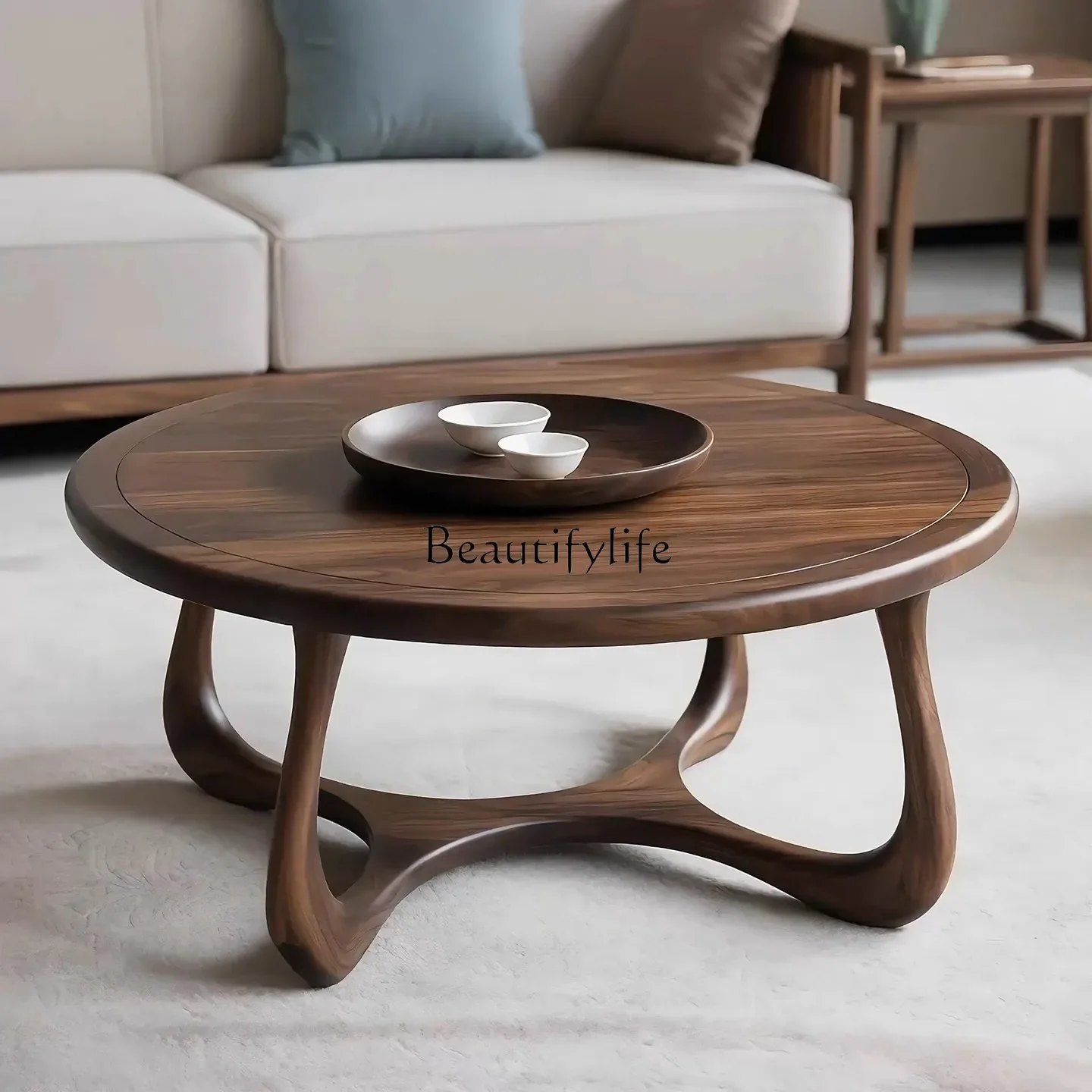 

yj19 Vintage Style Round Black Walnut Wood Coffee Table for Living Room Small Apartment