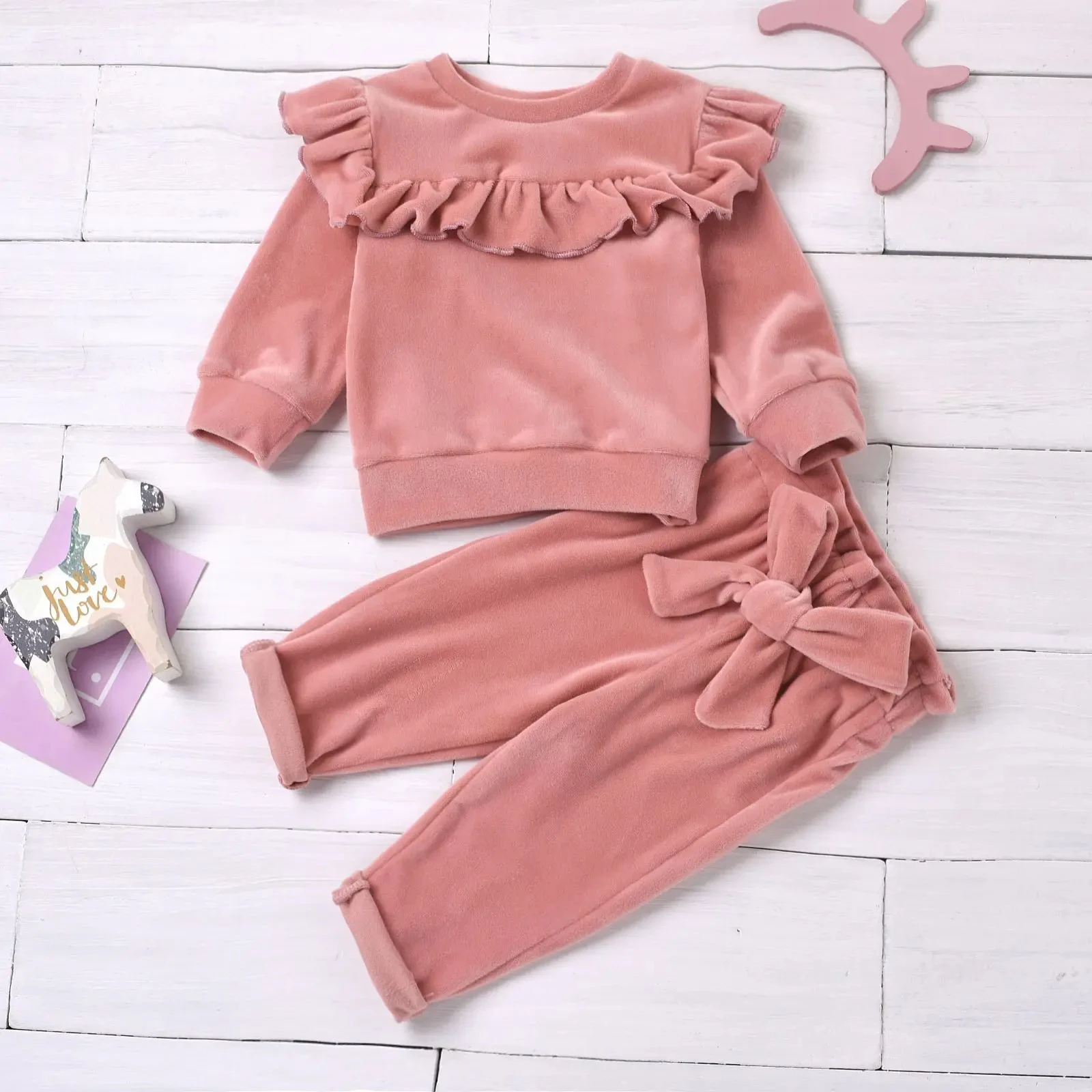 2PCS Warm Ruffle Trim Top Smooth Velvet Outfits Bow Decoration Elastic Waist Pants Girl Autumn Winter 0-3Y Kid Clothes